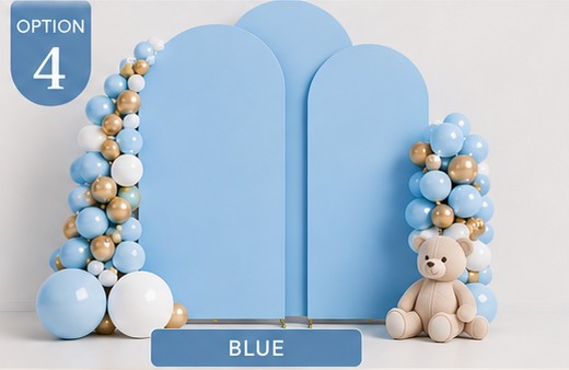 Blue triple arch backdrop with blue, white, and gold balloons