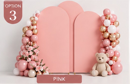 Pink triple arch backdrop with pink, white, and gold balloons