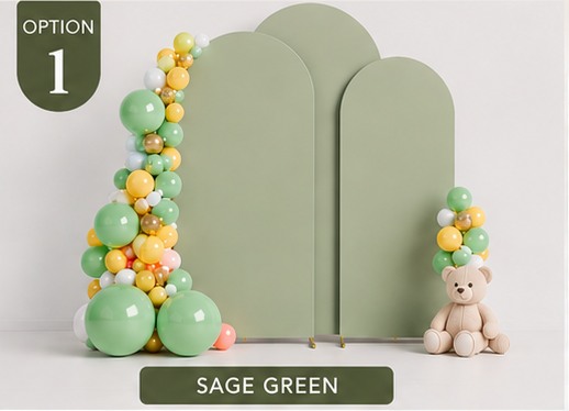 Sage green triple arch backdrop with green and gold balloons