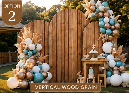 Vertical wood grain triple arch backdrop with balloons