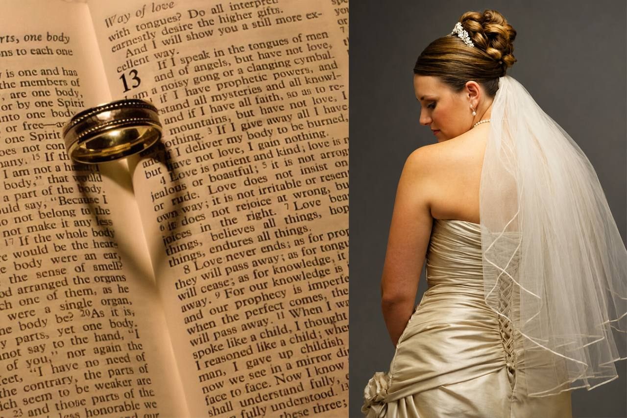 Wedding rings and bridal portrait composite